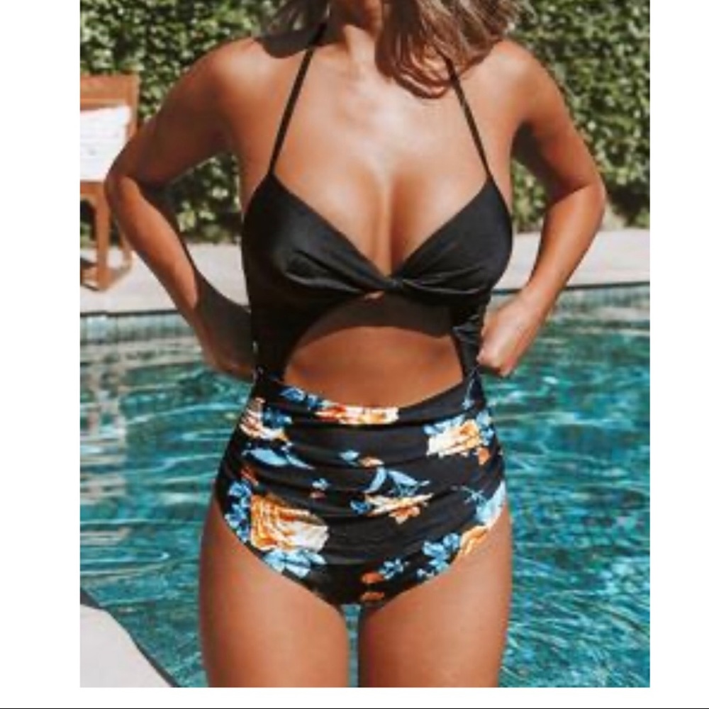 NWT Cupshe floral swim suit black high waisted